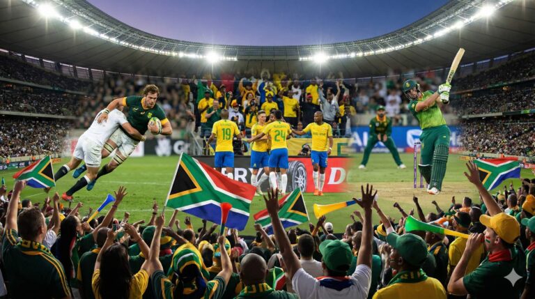 ScoreLine | Your Go-To Destination for South African Sport sports plus. South African sports collage featuring rugby, soccer, and cricket action moments, celebrating the nation's sporting culture with passionate fans, flags, and vuvuzelas in a stadium setting.