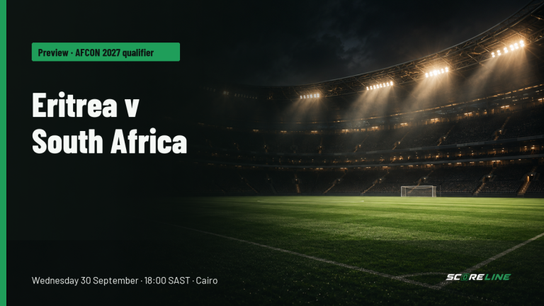 Illustration of an empty floodlit football stadium at night, with the text Preview, AFCON 2027 qualifier, Eritrea v South Africa, Wednesday 30 September, 18:00 SAST, Cairo