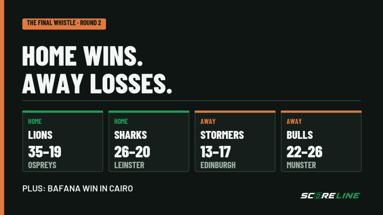 The Final Whistle graphic shows home wins for the Lions, 35-19 over Ospreys, and Sharks, 26-20 over Leinster; away defeats for the Stormers, 13-17 against Edinburgh, and Bulls, 22-26 against Munster; plus a Bafana win in Cairo.