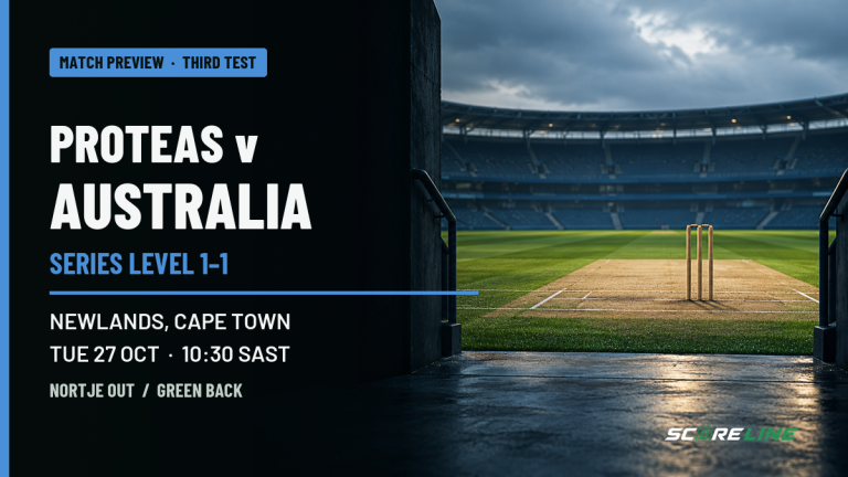 All square, one Test left: Nortje out, Green back and a decider at Newlands Generic empty cricket ground before play with a match preview for South Africa versus Australia at Newlands on 27 October at 10:30 SAST; the series is level 1-1.