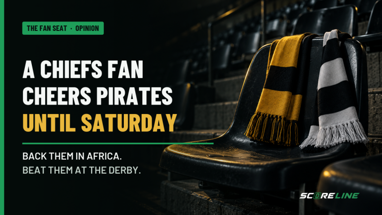 The Fan Seat: a Chiefs fan’s guide to cheering for Pirates, until Saturday Conceptual empty football fan seat with gold-and-black and black-and-white scarves, beside the words “A Chiefs fan cheers Pirates until Saturday”.