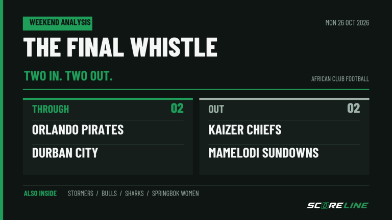 The Final Whistle weekend analysis graphic shows Orlando Pirates and Durban City through to African group stages, with Kaizer Chiefs and Mamelodi Sundowns out. The story also covers the Stormers, Bulls, Sharks and Springbok Women.
