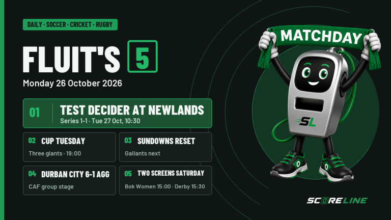 Fluit's Five graphic with Fluit holding a Matchday scarf. The five topics are the Newlands Test decider, Tuesday's knockout cup ties, Sundowns' next match, Durban City's 6-1 aggregate win, and Saturday's Springbok Women and Soweto Derby fixtures.