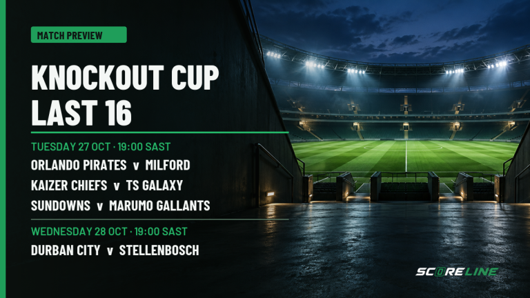 Conceptual empty football stadium before kick-off, overlaid with four knockout cup last-16 fixtures: Orlando Pirates v Milford, Kaizer Chiefs v TS Galaxy and Sundowns v Marumo Gallants on Tuesday 27 October, and Durban City v Stellenbosch on Wednesday 28 October, all at 19:00 SAST.