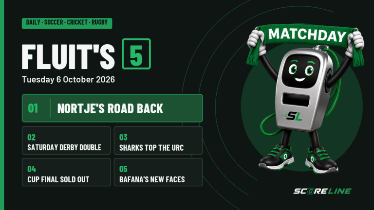 Fluit holds a Matchday scarf beside Fluit's Five for 6 October, led by Nortje's road back and four panels on rugby derbies, the Sharks, a sold-out cup final and Bafana's new faces.