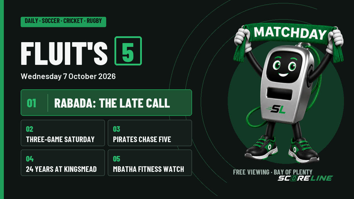 Fluit holds a Matchday scarf beside five story panels led by the pending Kagiso Rabada selection call, with Saturday's sports schedule, Pirates' title chase, a Kingsmead record and Thalente Mbatha's fitness watch.