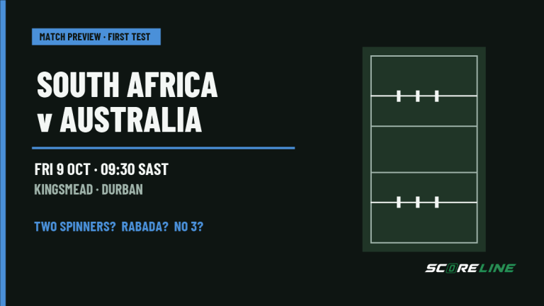 South Africa versus Australia first Test preview graphic with a stylised cricket pitch and three selection questions: two spinners, Rabada's fitness and the No 3 batter.