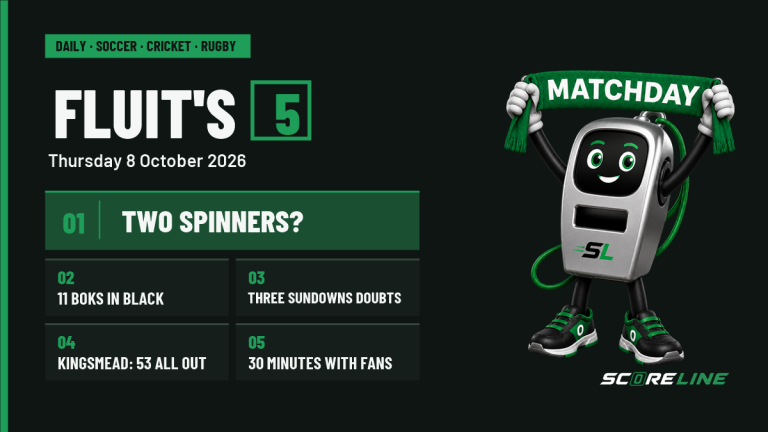 Fluit's Five card for 8 October with Fluit and five topics: two possible Proteas spinners, 11 Springboks in the Stormers squad, three Sundowns injury doubts, Bangladesh's 53 all out at Kingsmead in 2022, and a Stormers fan meeting.