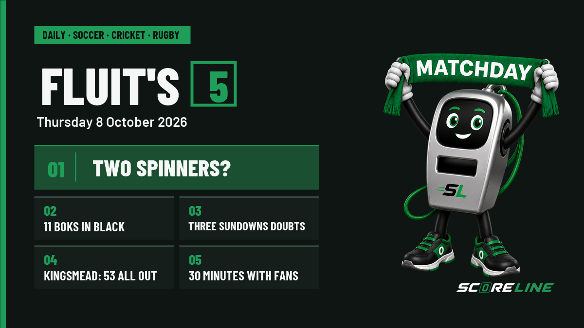 Fluit's Five card for 8 October with Fluit and five topics: two possible Proteas spinners, 11 Springboks in the Stormers squad, three Sundowns injury doubts, Bangladesh's 53 all out at Kingsmead in 2022, and a Stormers fan meeting.