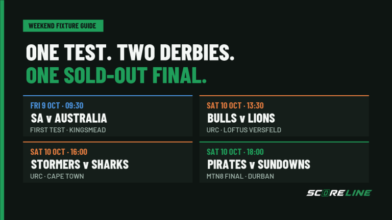 Weekend fixture guide showing South Africa versus Australia at 09:30 on Friday, Bulls versus Lions at 13:30 Saturday, Stormers versus Sharks at 16:00 Saturday, and Pirates versus Sundowns in the MTN8 final at 18:00 Saturday.