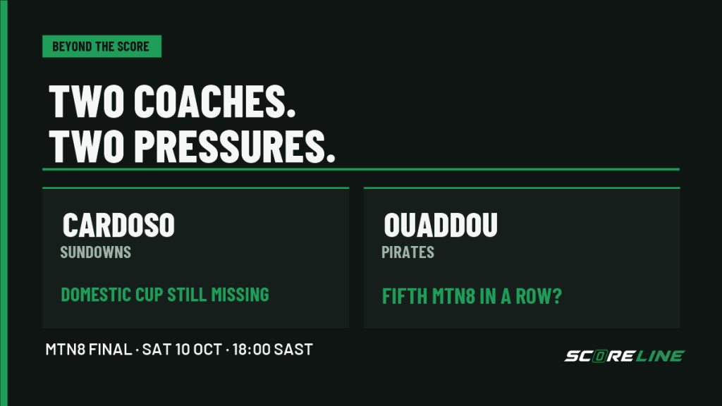 Beyond the Score comparison graphic: Sundowns coach Cardoso seeks a first South African domestic cup, while Pirates coach Ouaddou faces a possible fifth consecutive MTN8 title for his club.