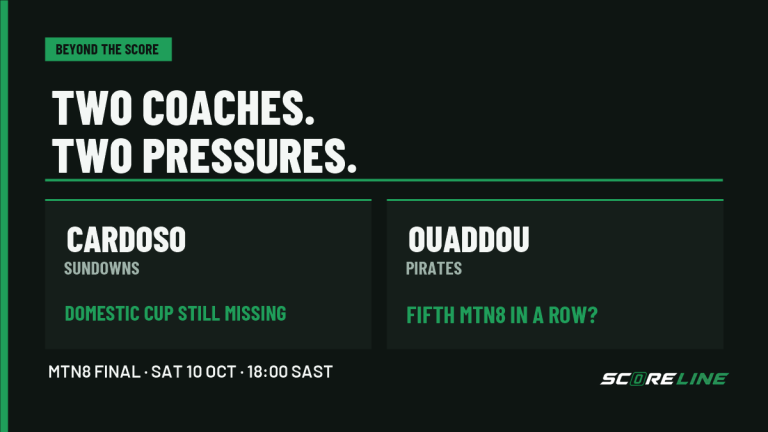 Beyond the Score comparison graphic: Sundowns coach Cardoso seeks a first South African domestic cup, while Pirates coach Ouaddou faces a possible fifth consecutive MTN8 title for his club.