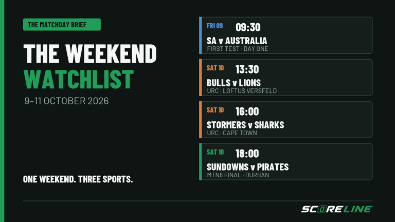 ScoreLine weekend watchlist with the South Africa v Australia Test and three Saturday fixtures: Bulls v Lions, Stormers v Sharks and Sundowns v Pirates.