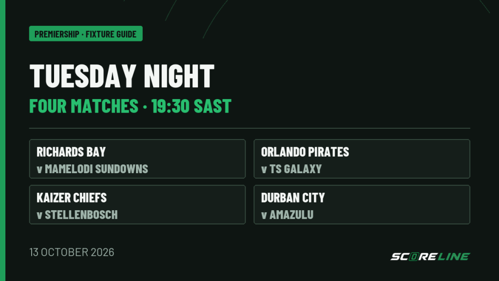 Fixture graphic listing four Premiership matches at 19:30 SAST on Tuesday 13 October.