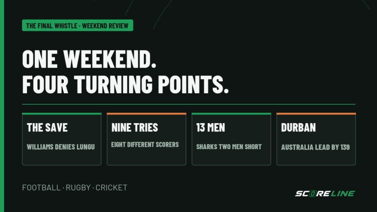 Weekend review graphic showing four verified moments: Williams save, nine Bulls tries by eight scorers, Sharks down to 13 men, and Australia ahead in Durban.
