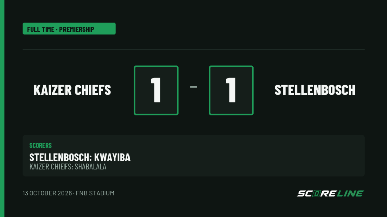 Full-time result graphic: Kaizer Chiefs 1, Stellenbosch 1. Sinoxolo Kwayiba scored for Stellenbosch and Mduduzi Shabalala equalised for Chiefs.
