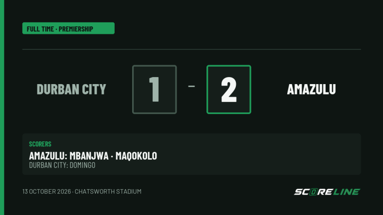 Full-time result graphic: Durban City 1, AmaZulu 2. Mlondi Mbanjwa and Athini Maqokolo scored for AmaZulu; Haashim Domingo scored for Durban City.