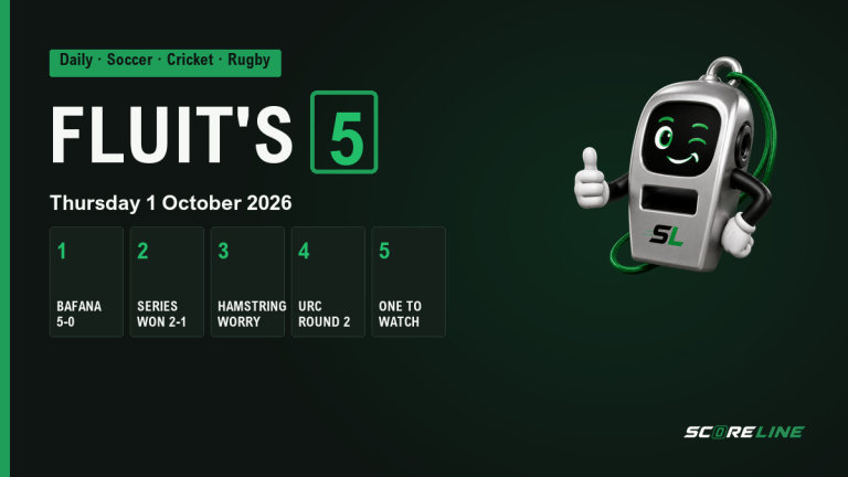 Fluit's Five graphic for Thursday 1 October 2026: Fluit celebrates beside five items, Bafana 5-0, series won 2-1, hamstring worry, URC round 2 and one to watch