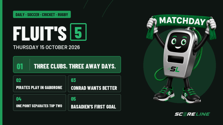 Fluit holds a MATCHDAY scarf beside five headlines: three clubs, three away days; Pirates play in Gaborone; Conrad wants better; one point separates the top two; Basadien's first goal.