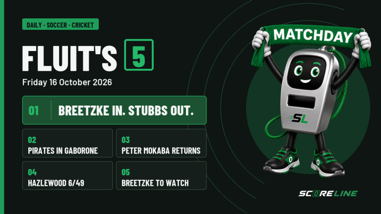Fluit’s Five: new gloves, a new batter and Polokwane’s pitch is back Fluit's Five graphic for Friday 16 October with Fluit holding his Matchday scarf. The five panels cover the Proteas squad change, Pirates in Gaborone, Peter Mokaba Stadium's return, Hazlewood's 6/49 and Matthew Breetzke.