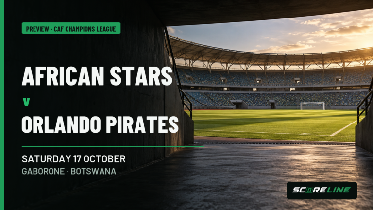 Generic empty football stadium seen from a tunnel, with a fixture graphic for African Stars versus Orlando Pirates in Gaborone on Saturday 17 October.