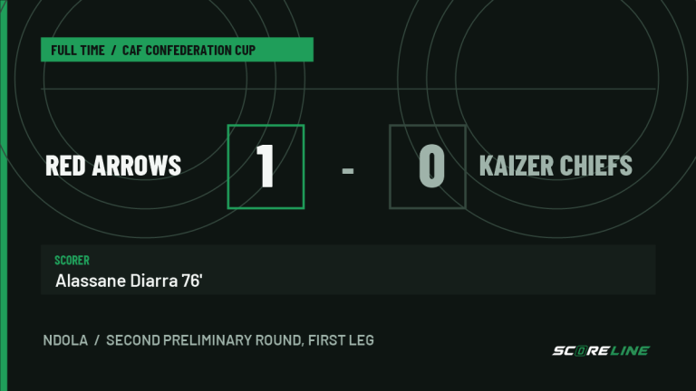 Full-time graphic: Red Arrows 1, Kaizer Chiefs 0. Alassane Diarra scored in the 76th minute in Ndola.