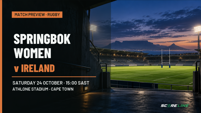 Generic floodlit rugby ground before a match, with fixture text for Springbok Women versus Ireland at Athlone Stadium on Saturday 24 October at 15:00 SAST.