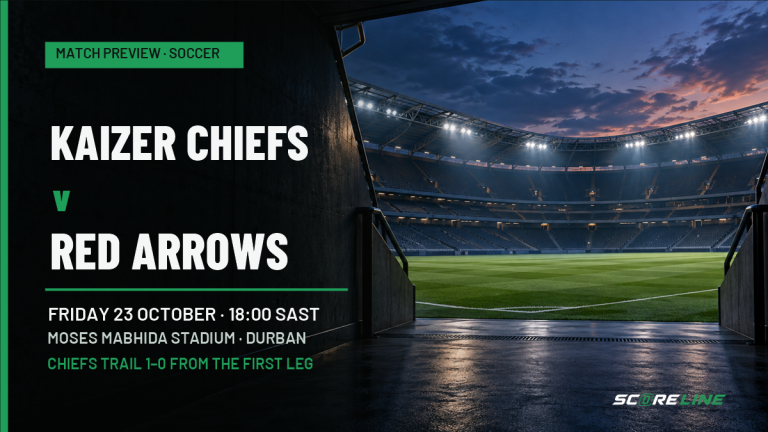 Generic empty soccer stadium seen from a tunnel before a match, with Kaizer Chiefs v Red Arrows preview text, Friday 23 October at 18:00 SAST in Durban. Chiefs trail 1-0 from the first leg.