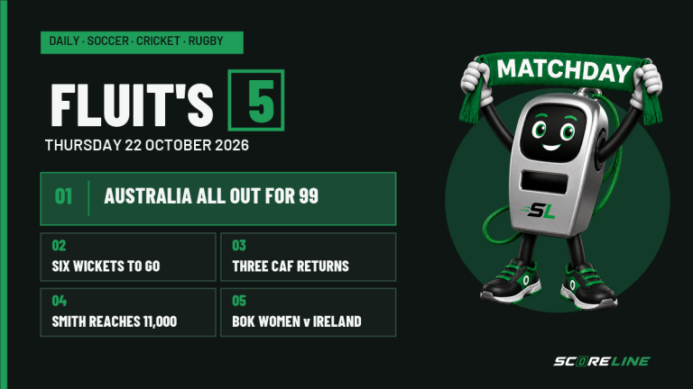 Fluit’s Five: 99 all out, six wickets to go and a big CAF Friday Fluit's Five for Thursday 22 October: Australia all out for 99, six wickets to go, three CAF returns, Smith reaching 11,000 Test runs and Springbok Women versus Ireland. Official Matchday Fluit holds his scarf.