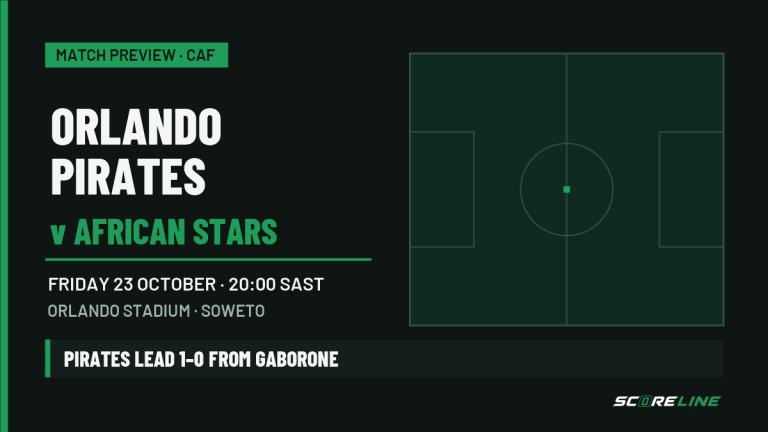 Ninety minutes from the group stage, and Pirates know better than to count it yet Orlando Pirates v African Stars CAF Champions League preview graphic for Friday 23 October at 20:00 SAST, Orlando Stadium, Soweto. Pirates lead 1-0 from the first leg in Gaborone.