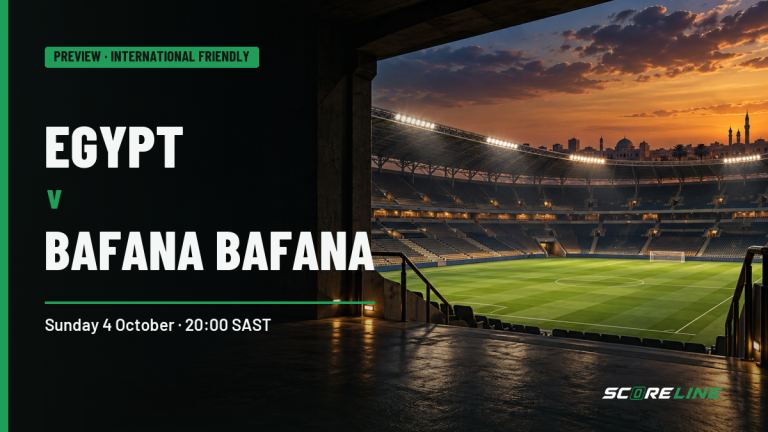Egypt v Bafana Bafana preview text over an illustrated generic, empty football stadium before kick-off at dusk.